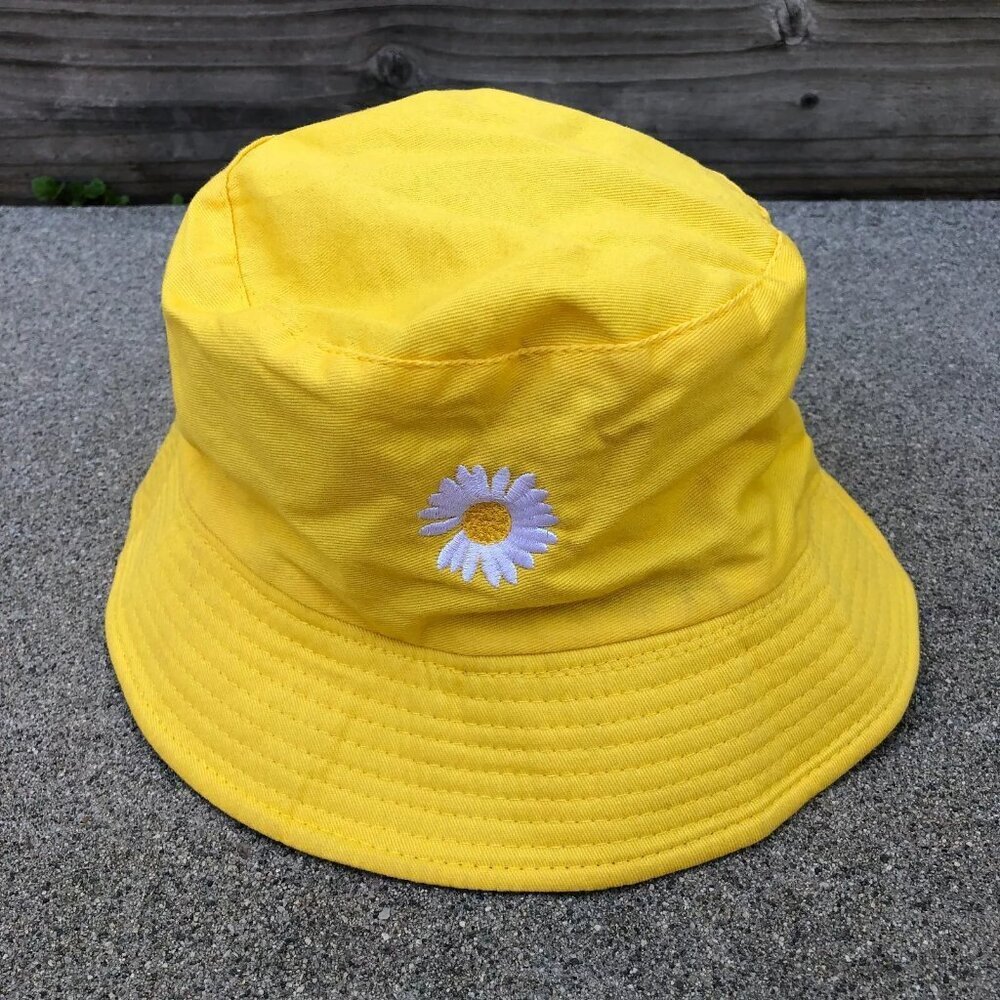 Reversible Bucket Hat Daisy Flower Yellow Khaki Beige Cap One Size Unisex Adult‌